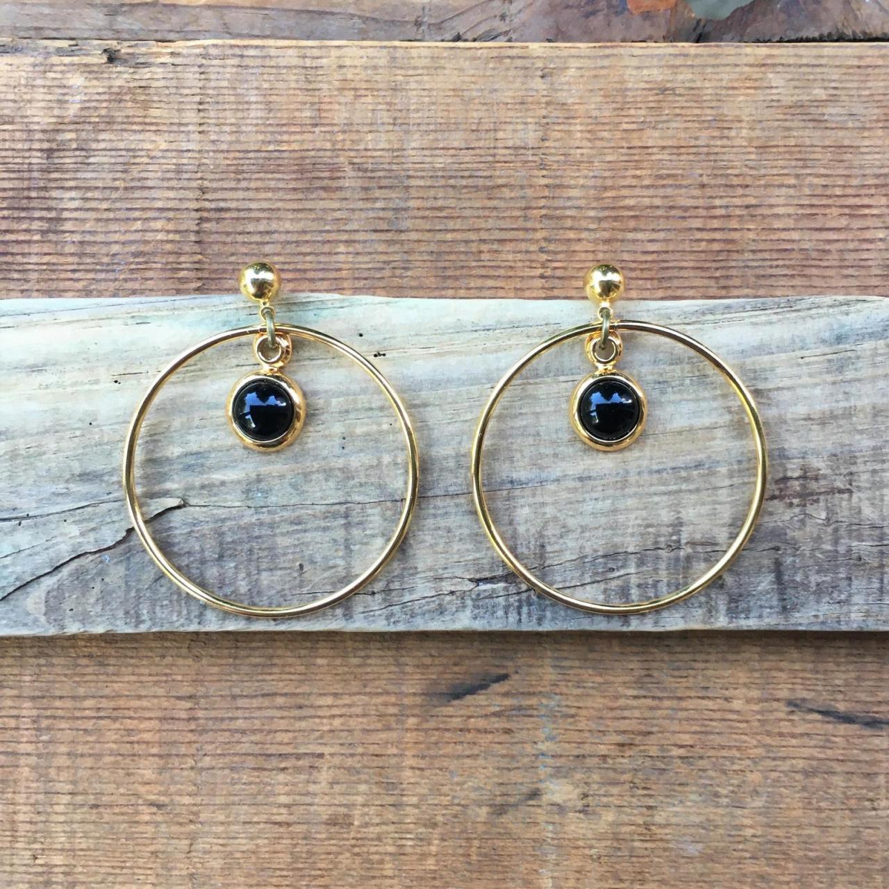 Onyx & Gold Hoops Earrings